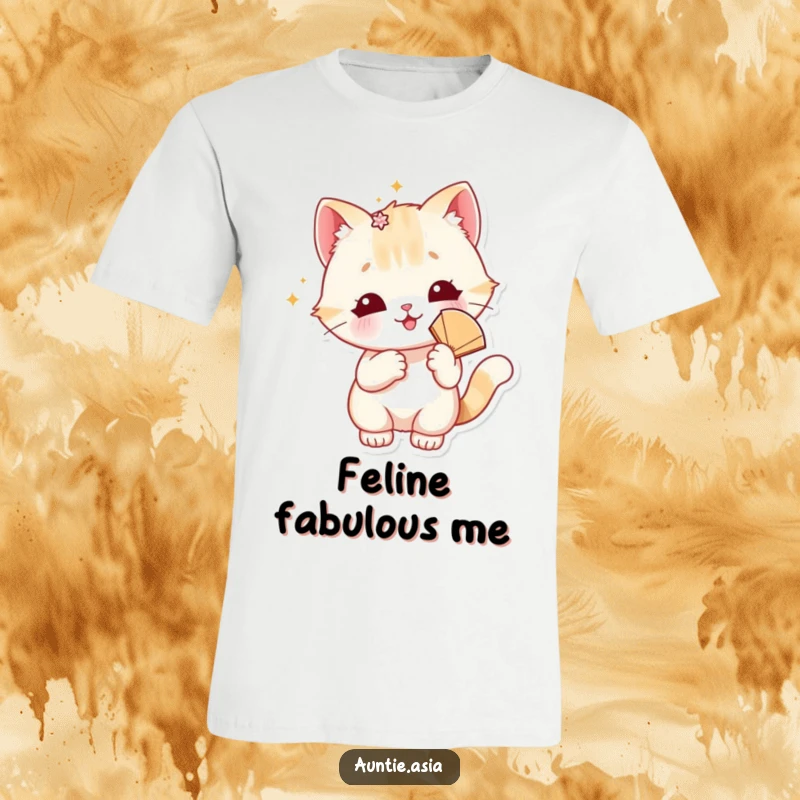 Funny cat t-shirt with a playful cat wearing a sparkly accessory and holding a fan, ready to impress.