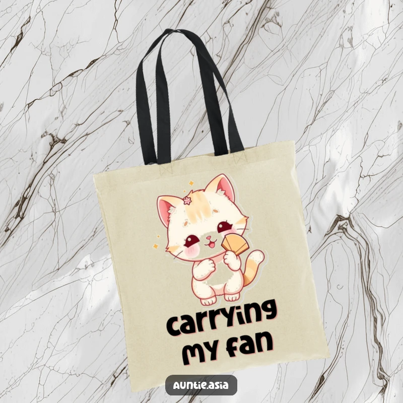 Funny cat tote bag showcasing a playful cat with a sparkly accessory and a fan, perfect for stylish errands.