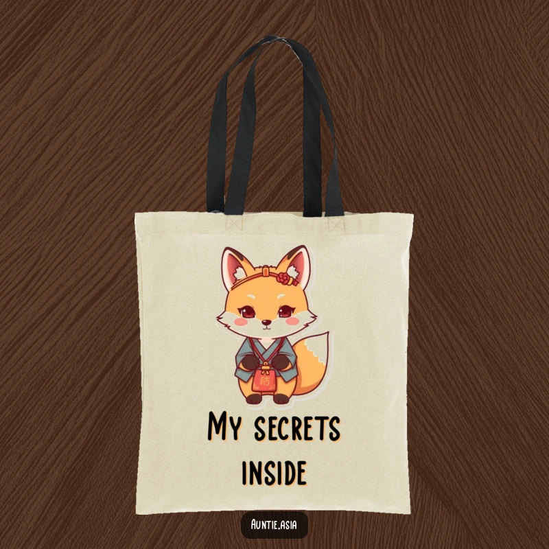 Funny fox tote bag with a determined fox, traditional hairpin, and embroidered bag, signifying preparedness.